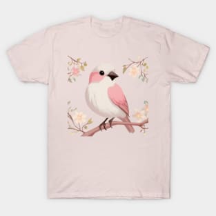 Little Pink Bird Missing a Foot, Resting on a Cherry Tree Branch T-Shirt